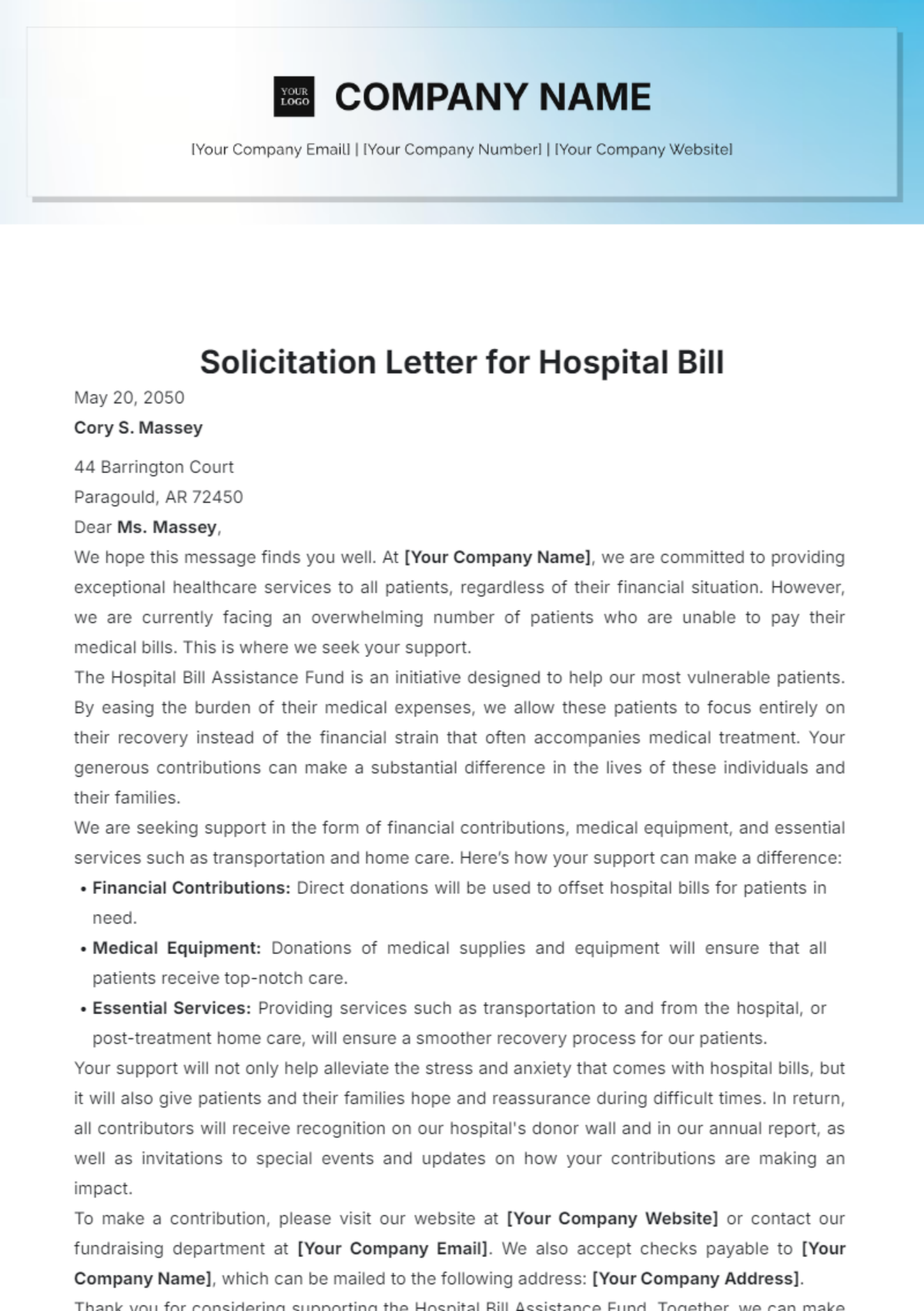 Solicitation Letter for Hospital Bill Template