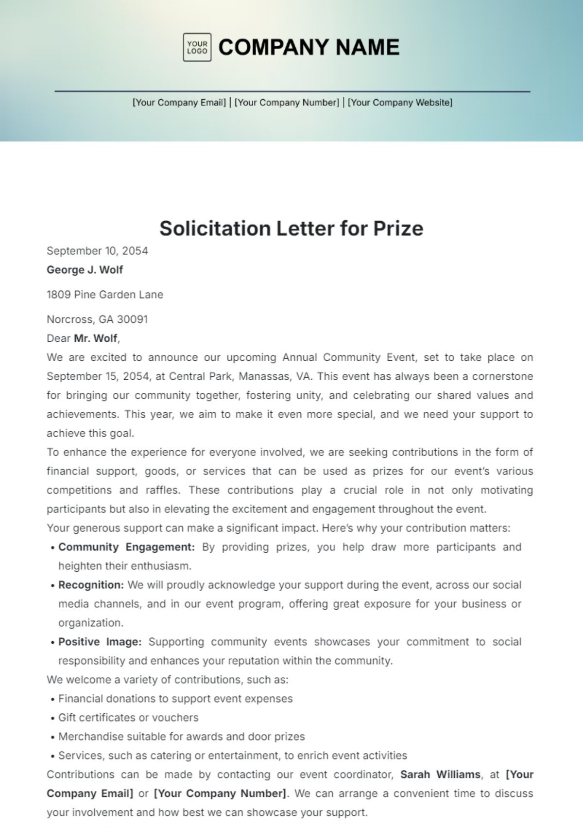 Solicitation Letter for Prize Template