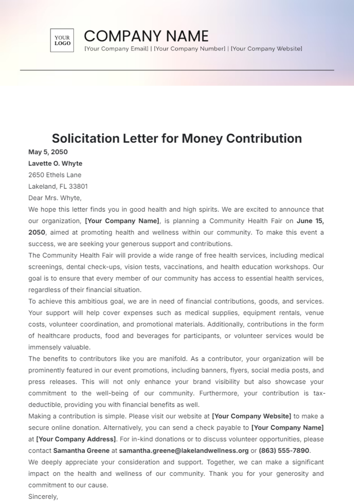 Solicitation Letter for Money Contribution Template