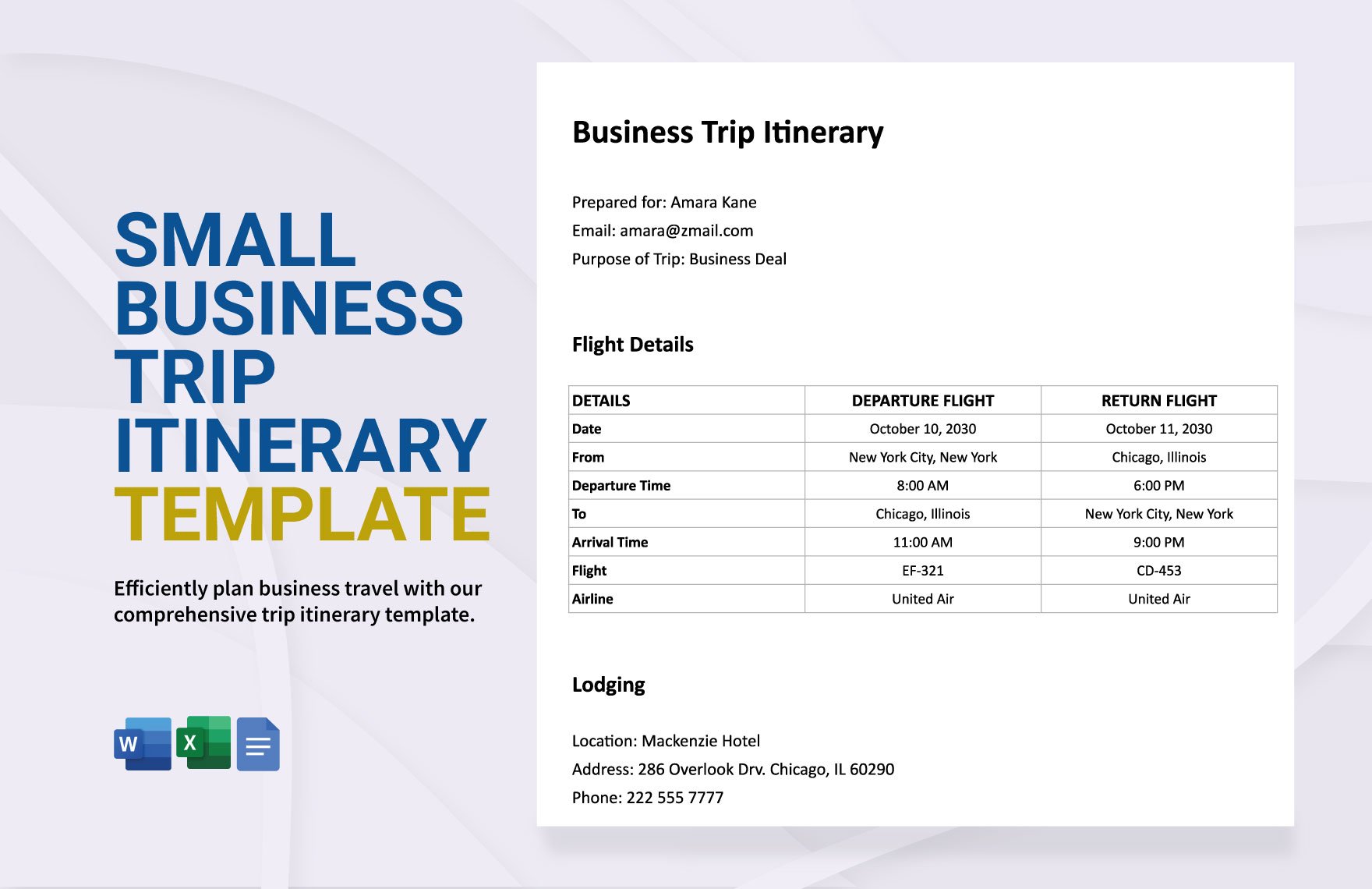 Small Business Trip Itinerary Template in Word, Google Docs, Google Sheets