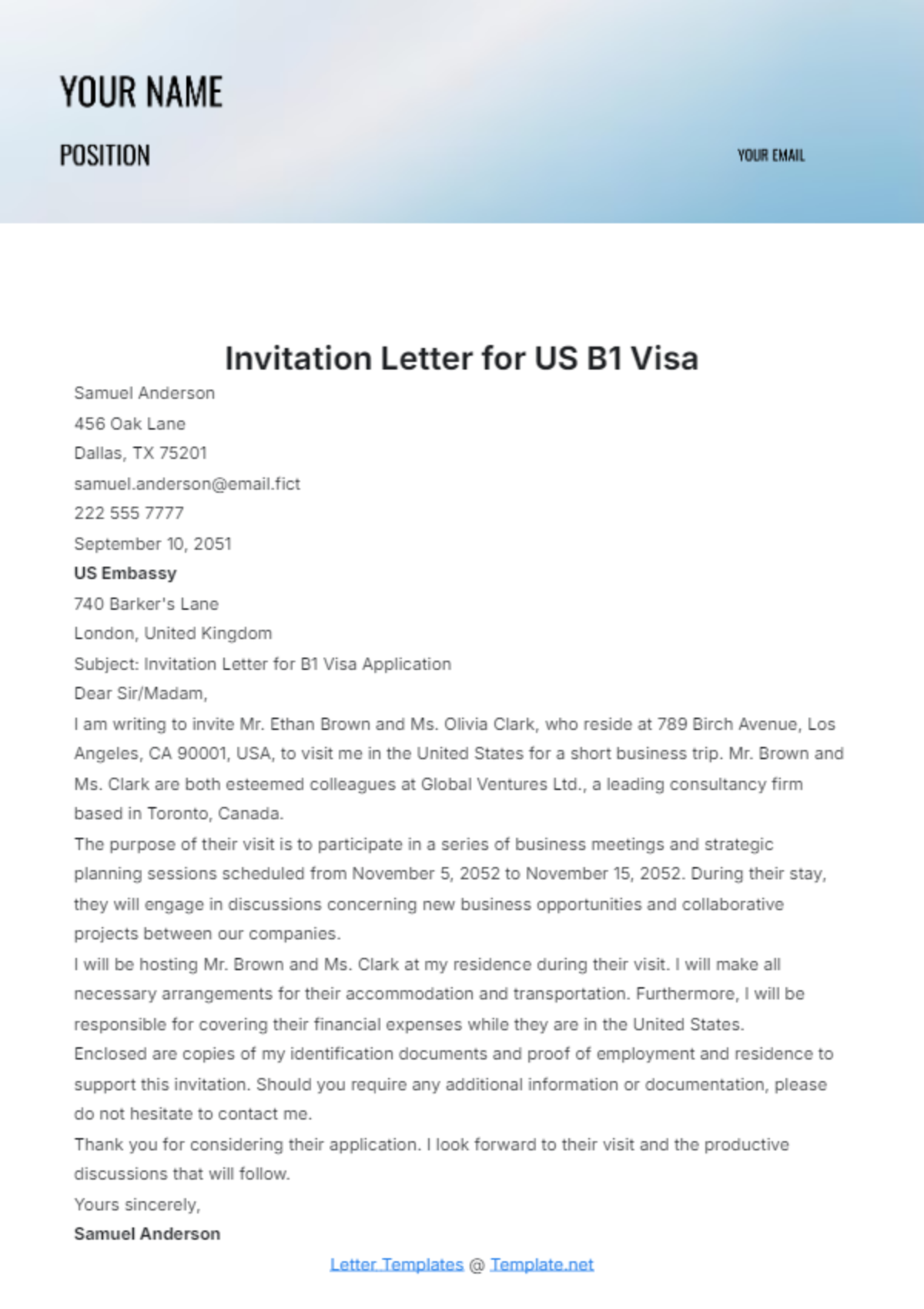 Invitation Letter for US B1 Visa Template