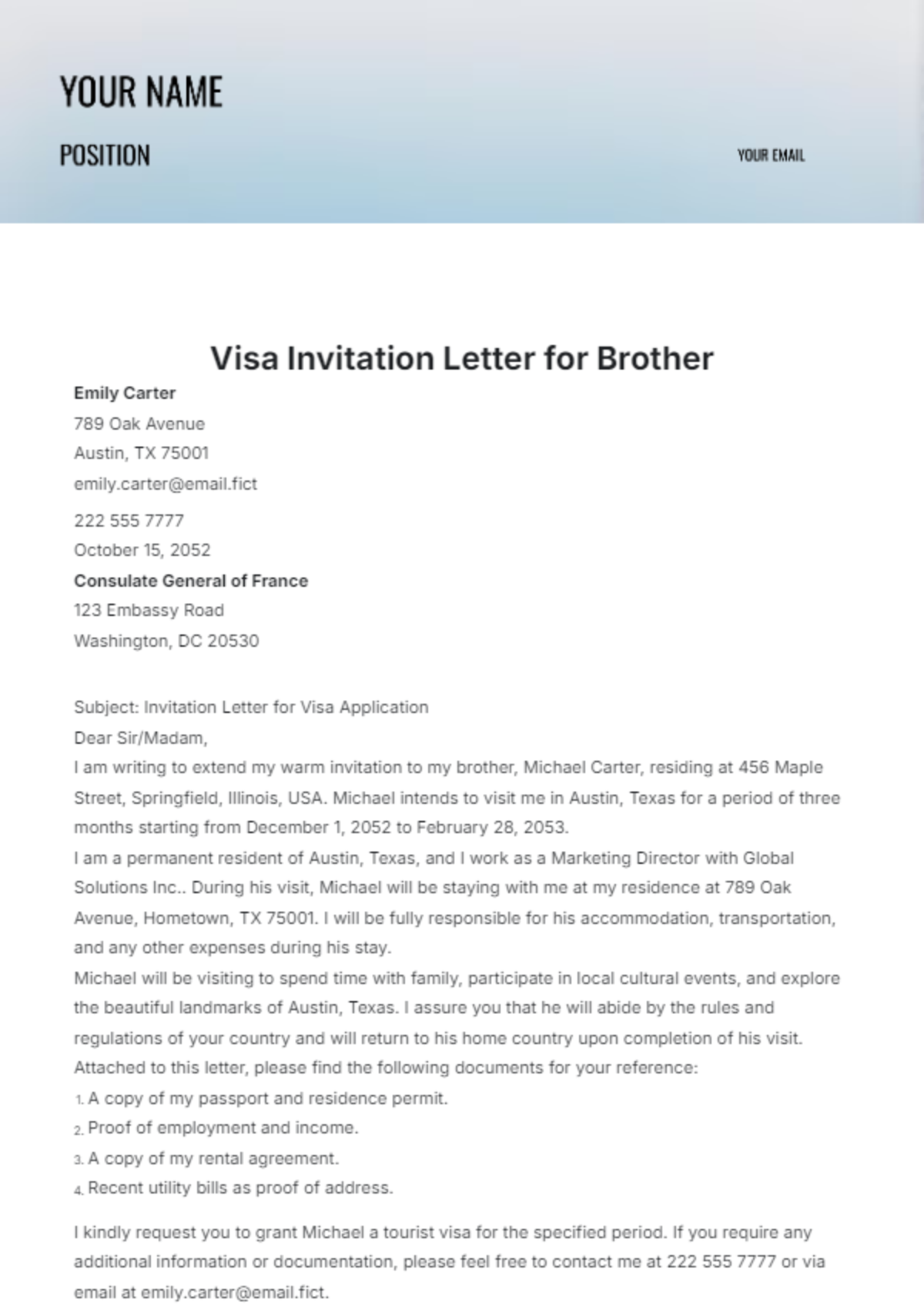 Visa Invitation Letter for Brother Template