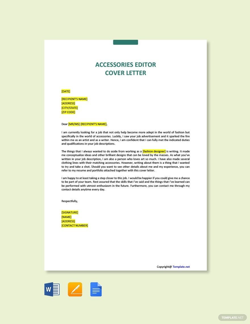 Accessories Editor Cover Letter in Word, Google Docs, PDF, Apple Pages
