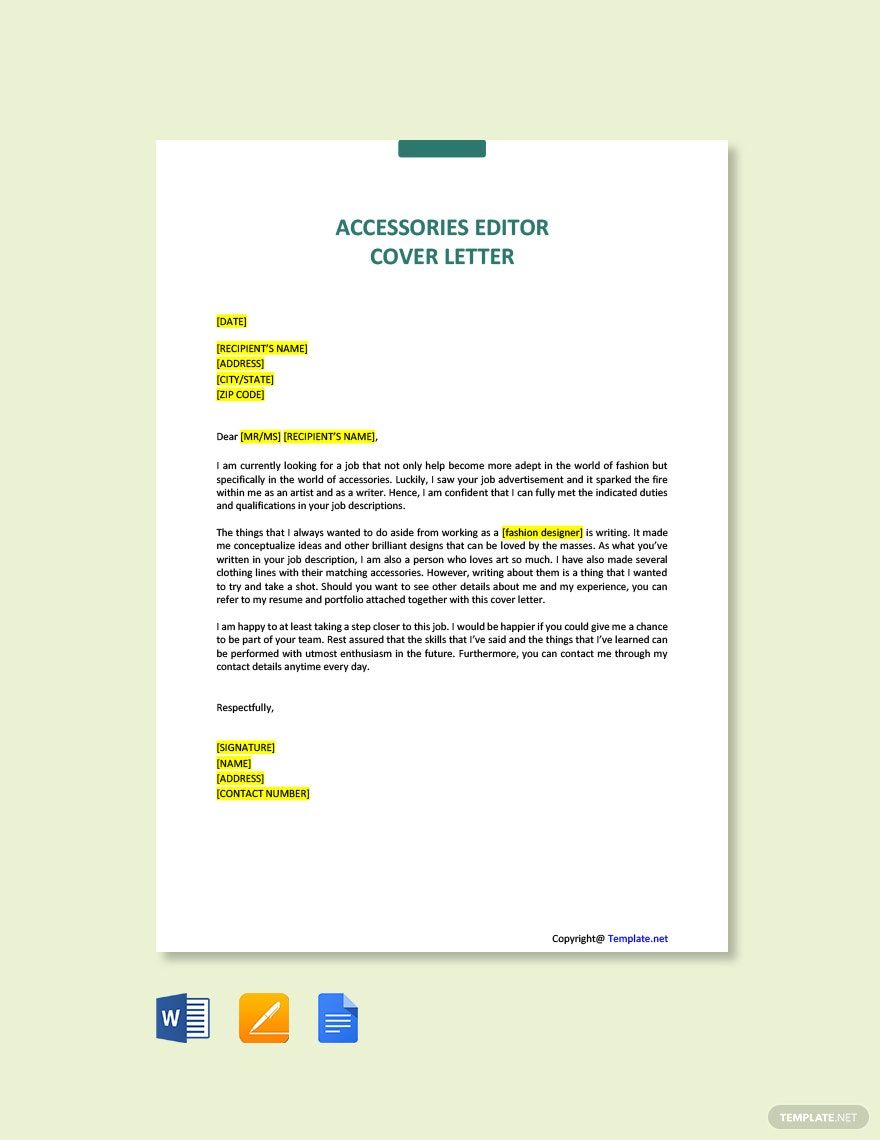 Accessories Editor Cover Letter in Word, Google Docs, Pages, PDF - Download | Template.net