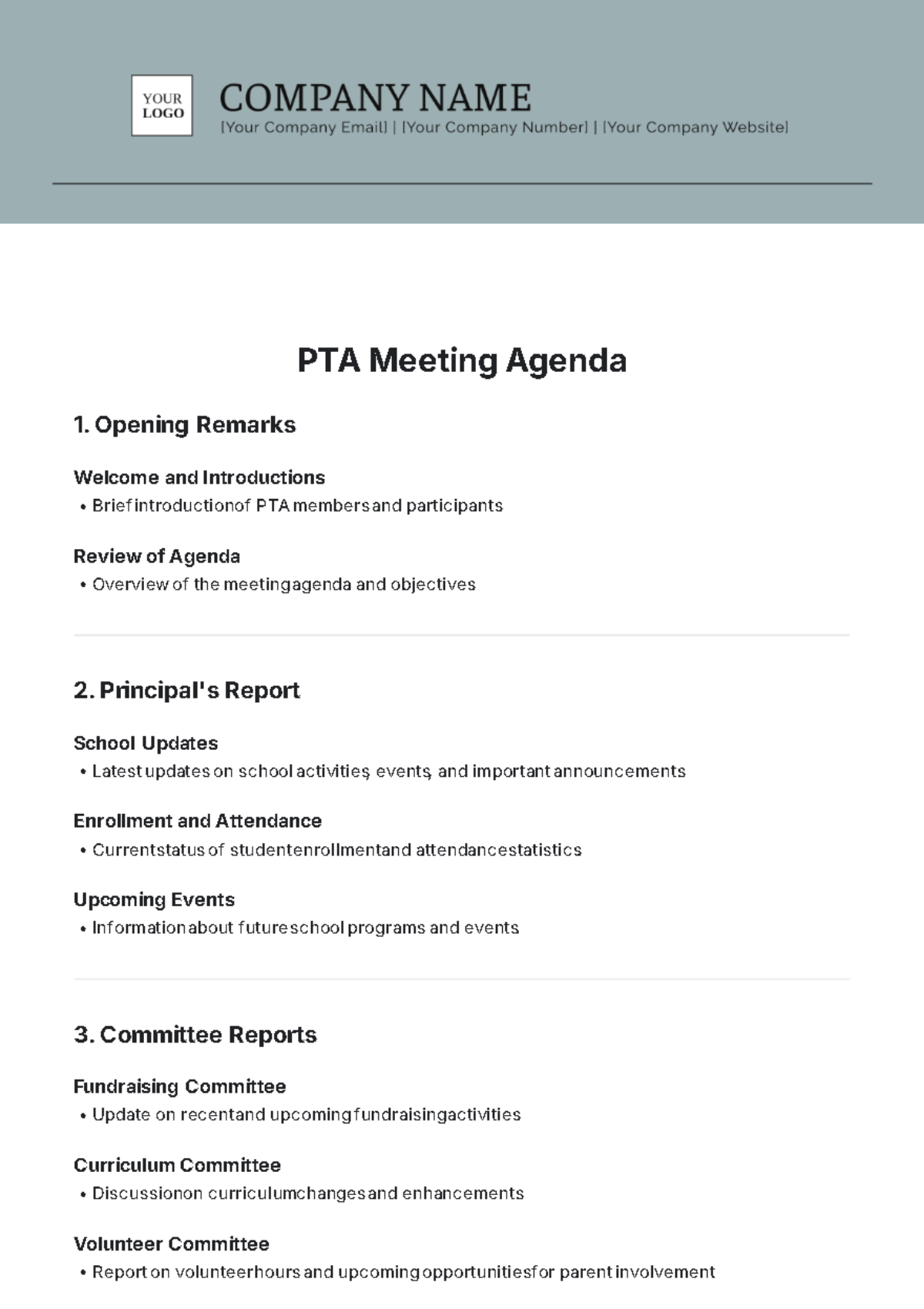 PTA Meeting Agenda Template - Edit Online & Download