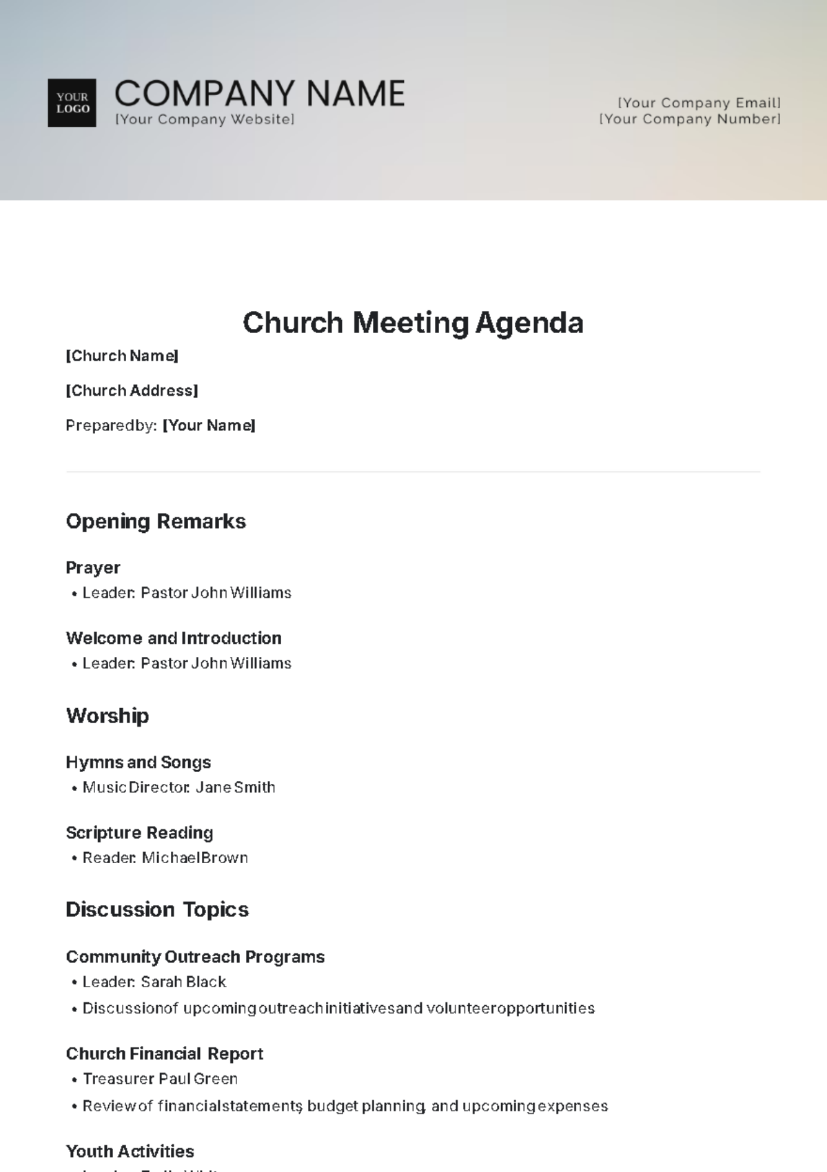 Church Meeting Agenda Template - Edit Online & Download