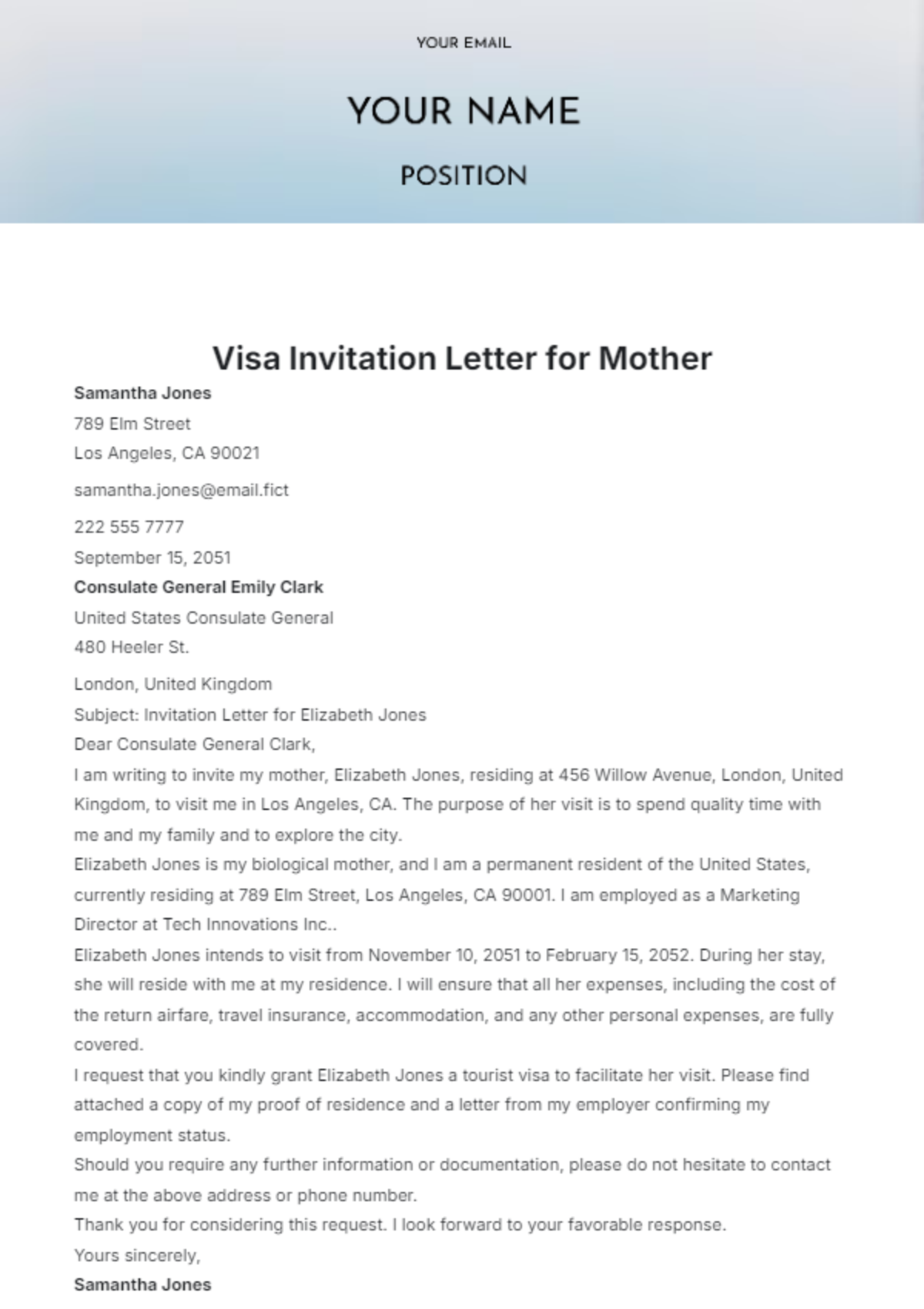 Visa Invitation Letter for Mother Template