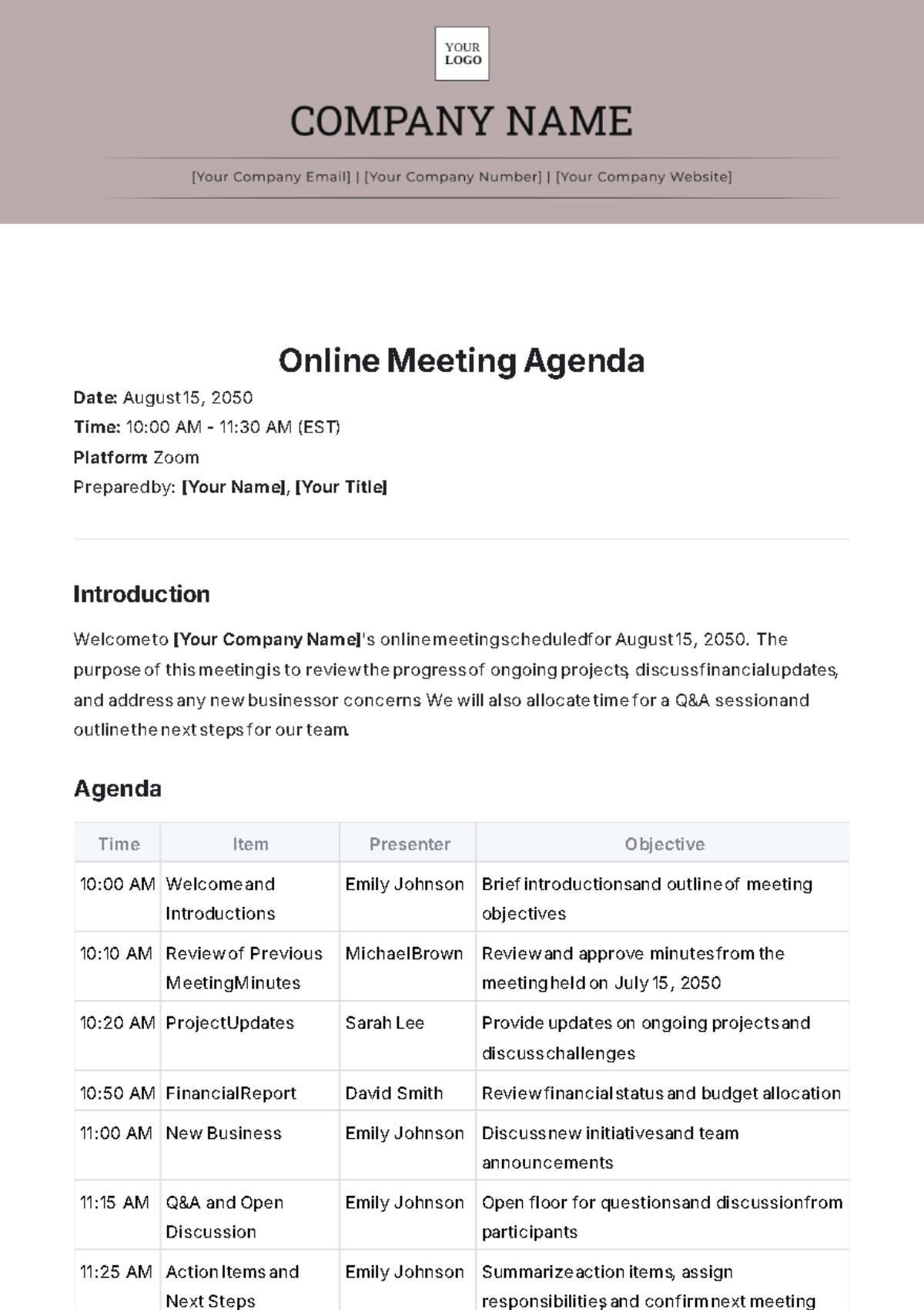 Online Meeting Agenda Template - Edit Online & Download