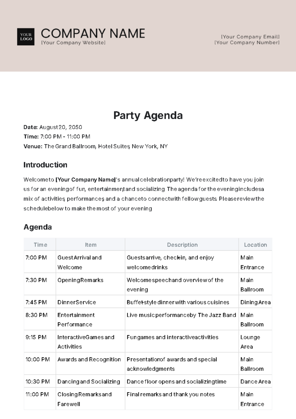 Party Agenda Template - Edit Online & Download