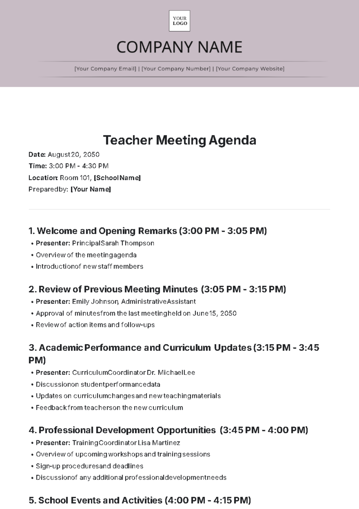 Free Teacher Meeting Agenda Template to Edit Online