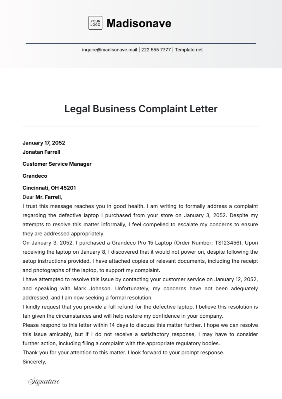 Legal Business Complaint Letter Template - Edit Online & Download