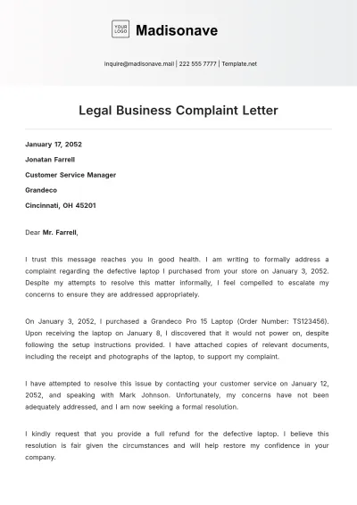 Free Legal Business Complaint Letter Template to Edit Online