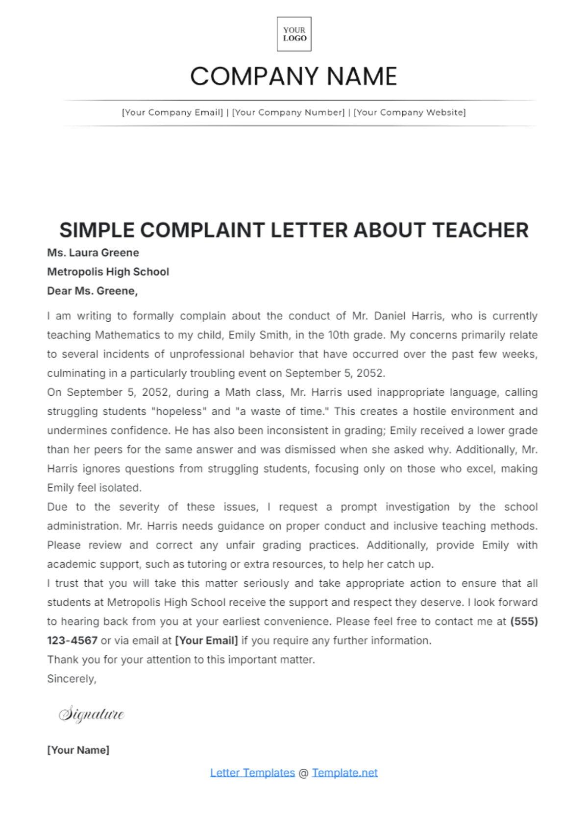 Simple Complaint Letter about Teacher Template