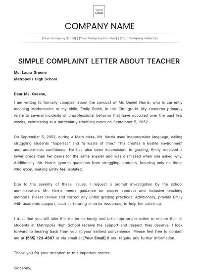 Free Simple Complaint Letter about Teacher Template to Edit Online