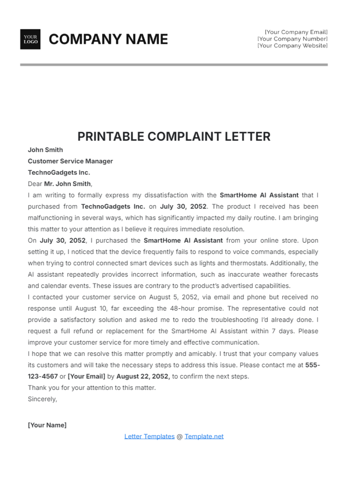 Printable Complaint Letter Template