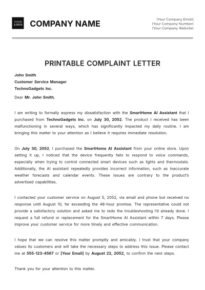 Free Printable Complaint Letter Template to Edit Online