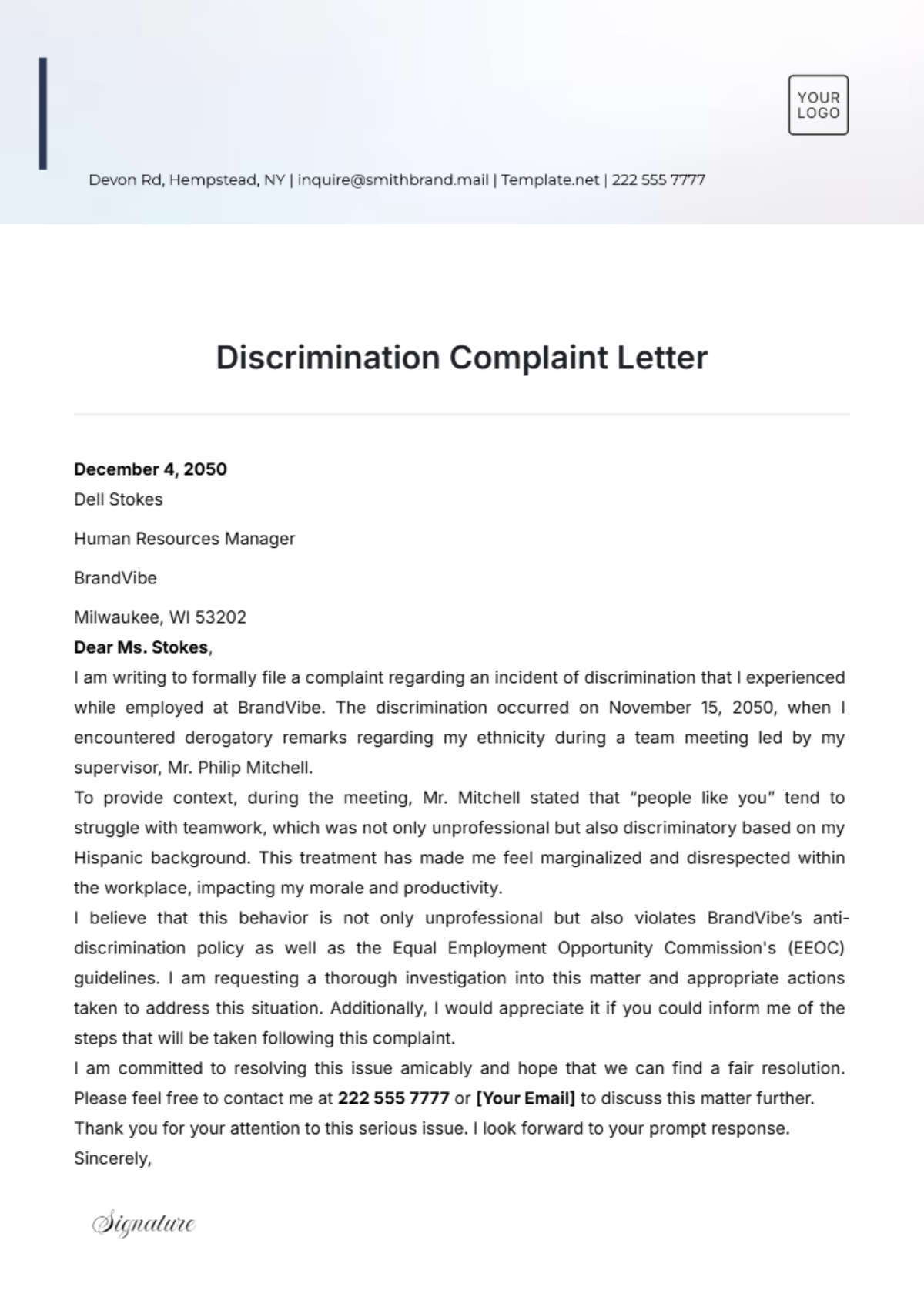 Discrimination Complaint Letter Template - Edit Online & Download