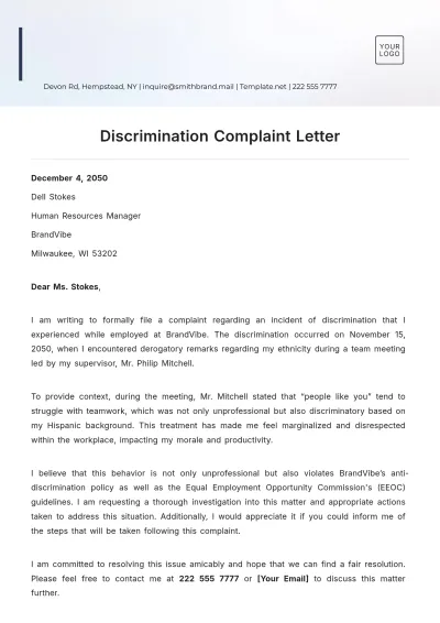 Free Discrimination Complaint Letter Template to Edit Online