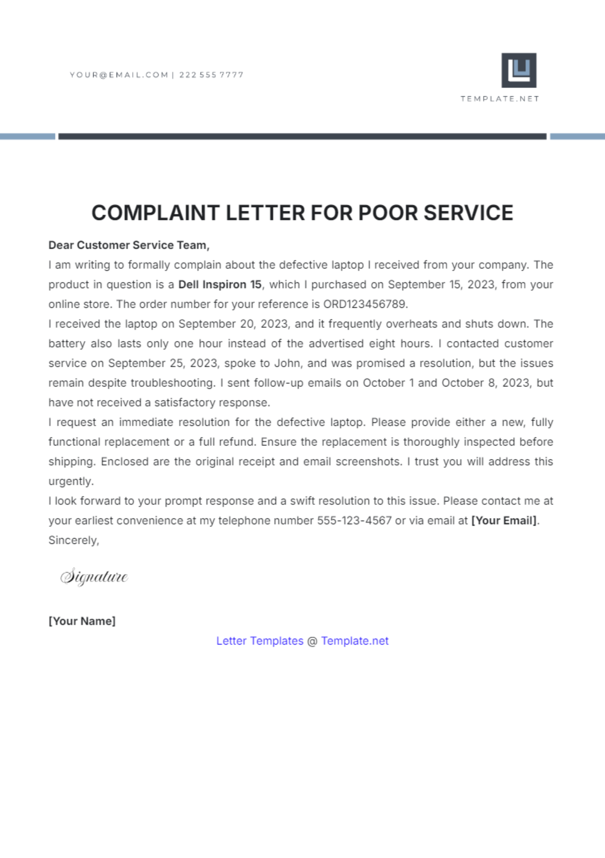 Complaint Letter for Poor Service Template - Edit Online & Download