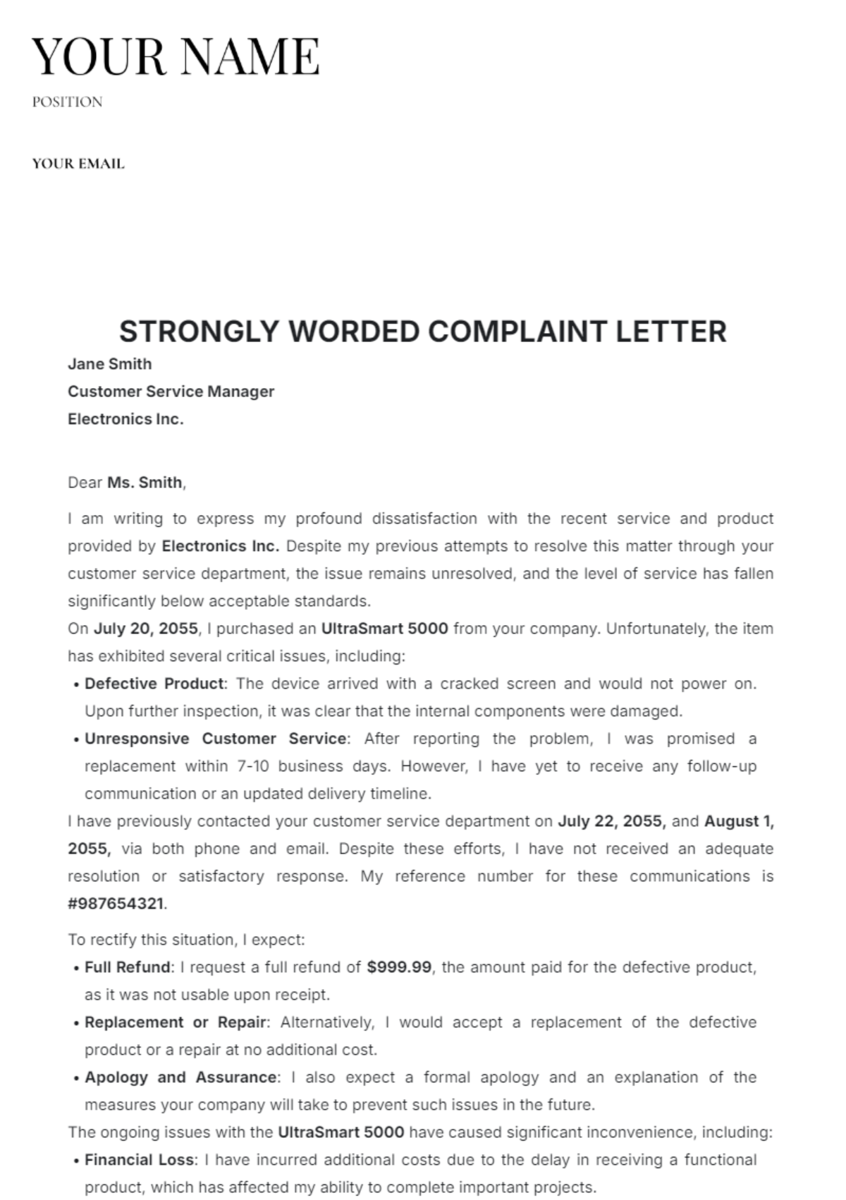 Strongly Worded Complaint Letter Template