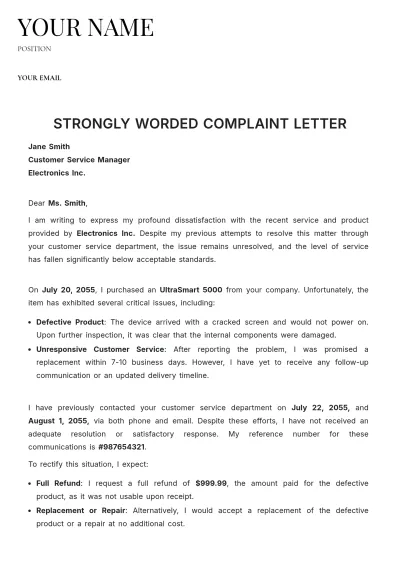 Free Strongly Worded Complaint Letter Template to Edit Online