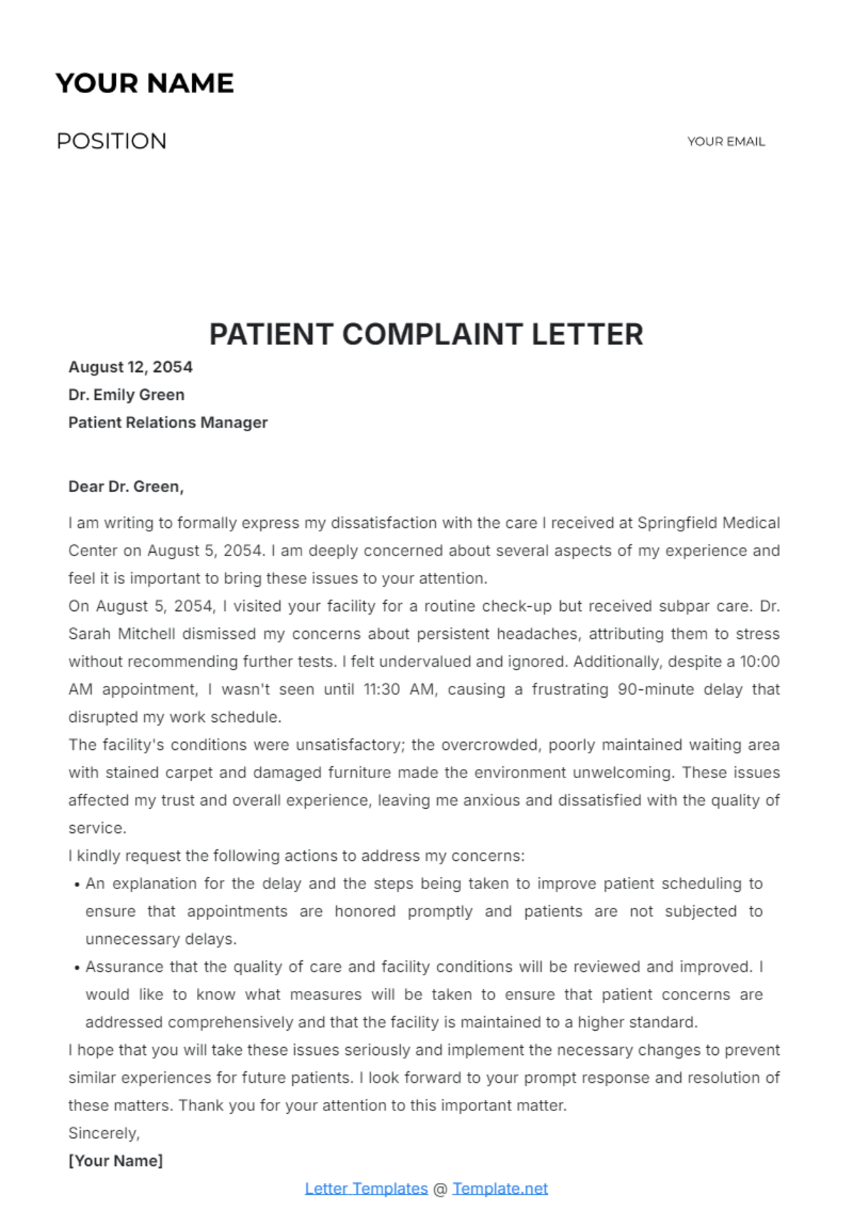 Patient Complaint Letter Template