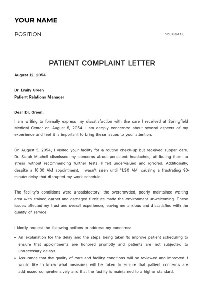 Free Patient Complaint Letter Template to Edit Online