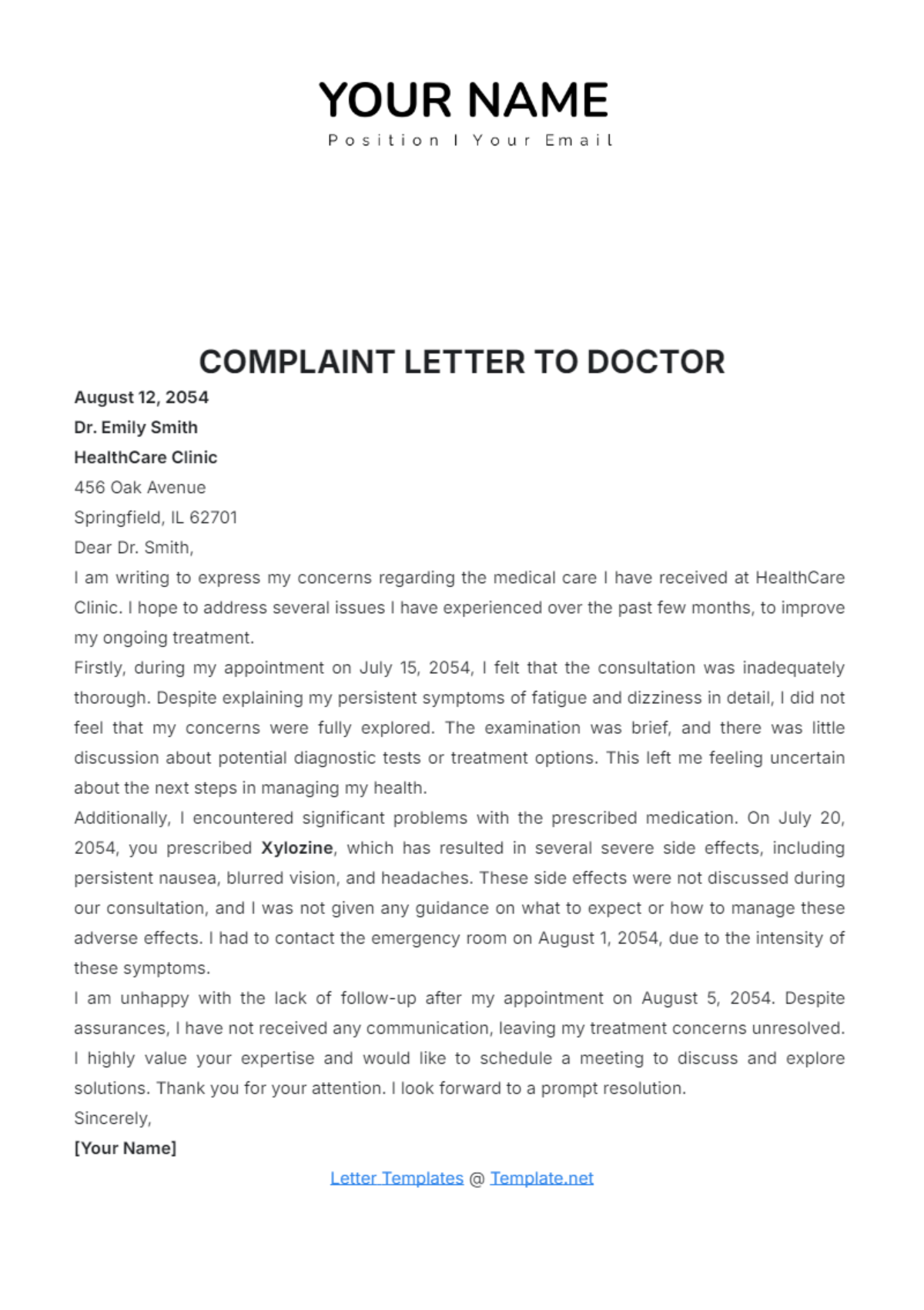 Complaint Letter to Doctor Template