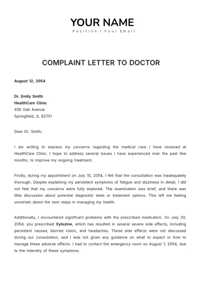 Free Complaint Letter to Doctor Template to Edit Online