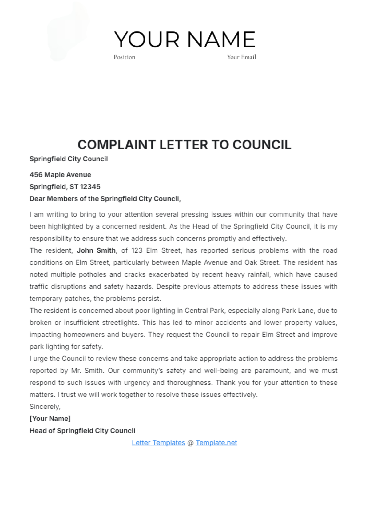 Complaint Letter to Council Template