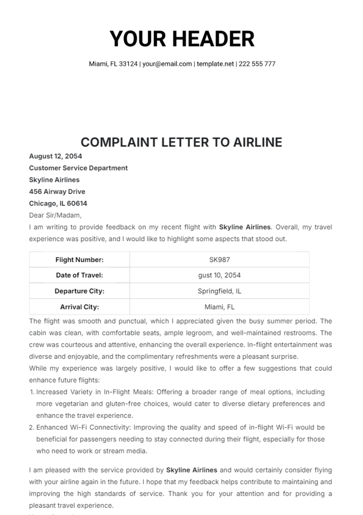 Complaint Letter to Airline Template