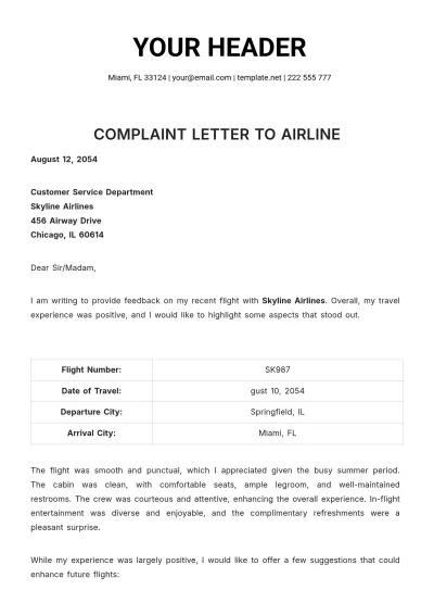 Free Complaint Letter to Airline Template to Edit Online