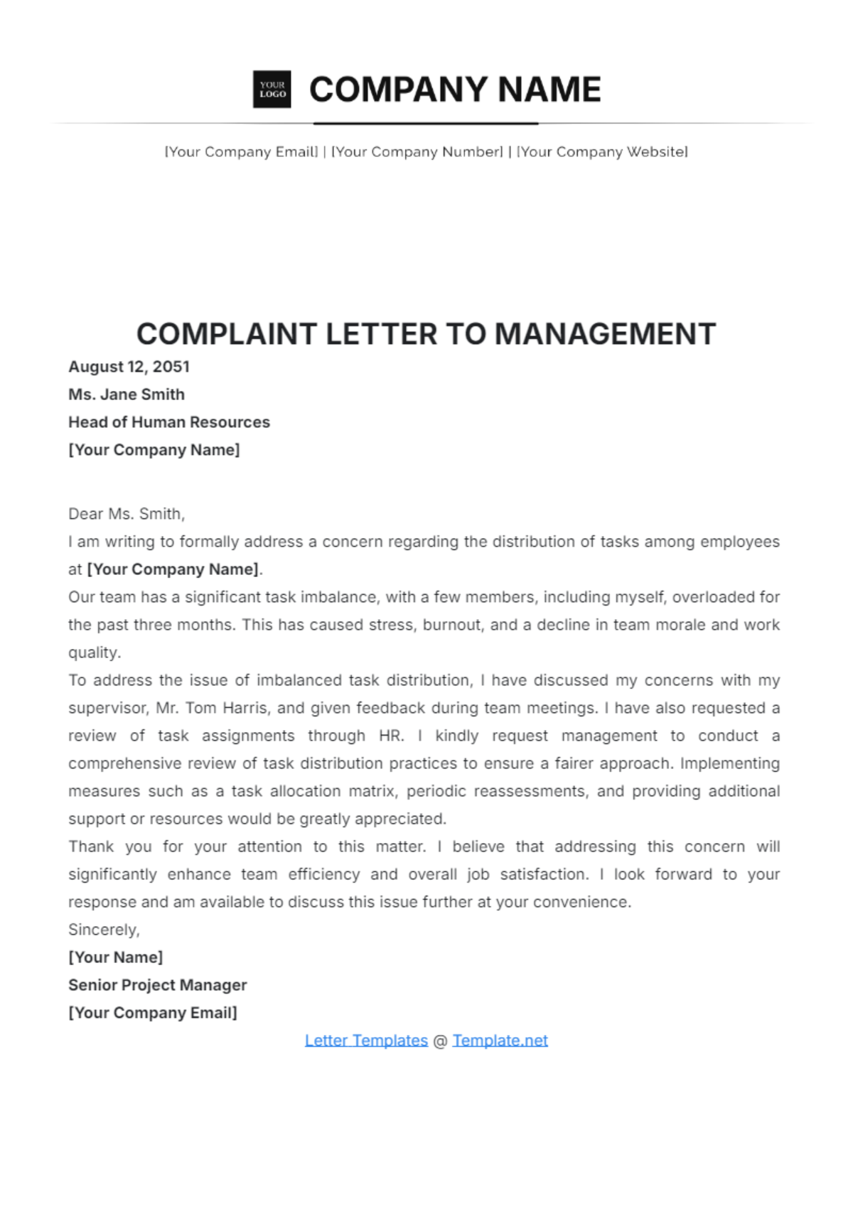 Complaint Letter to Management Template