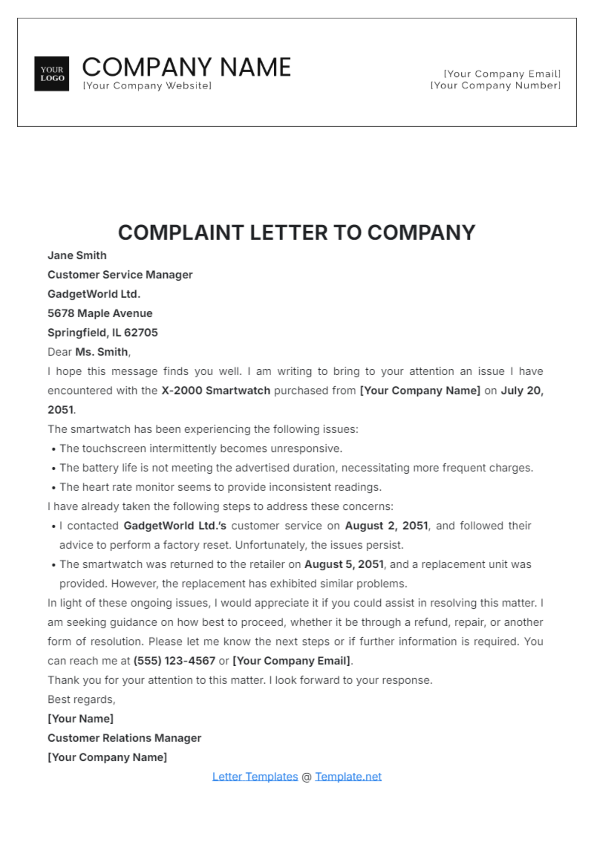 Complaint Letter to Company Template