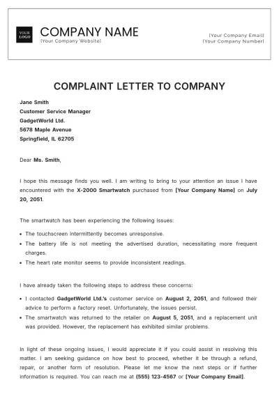 Free Complaint Letter to Company Template to Edit Online