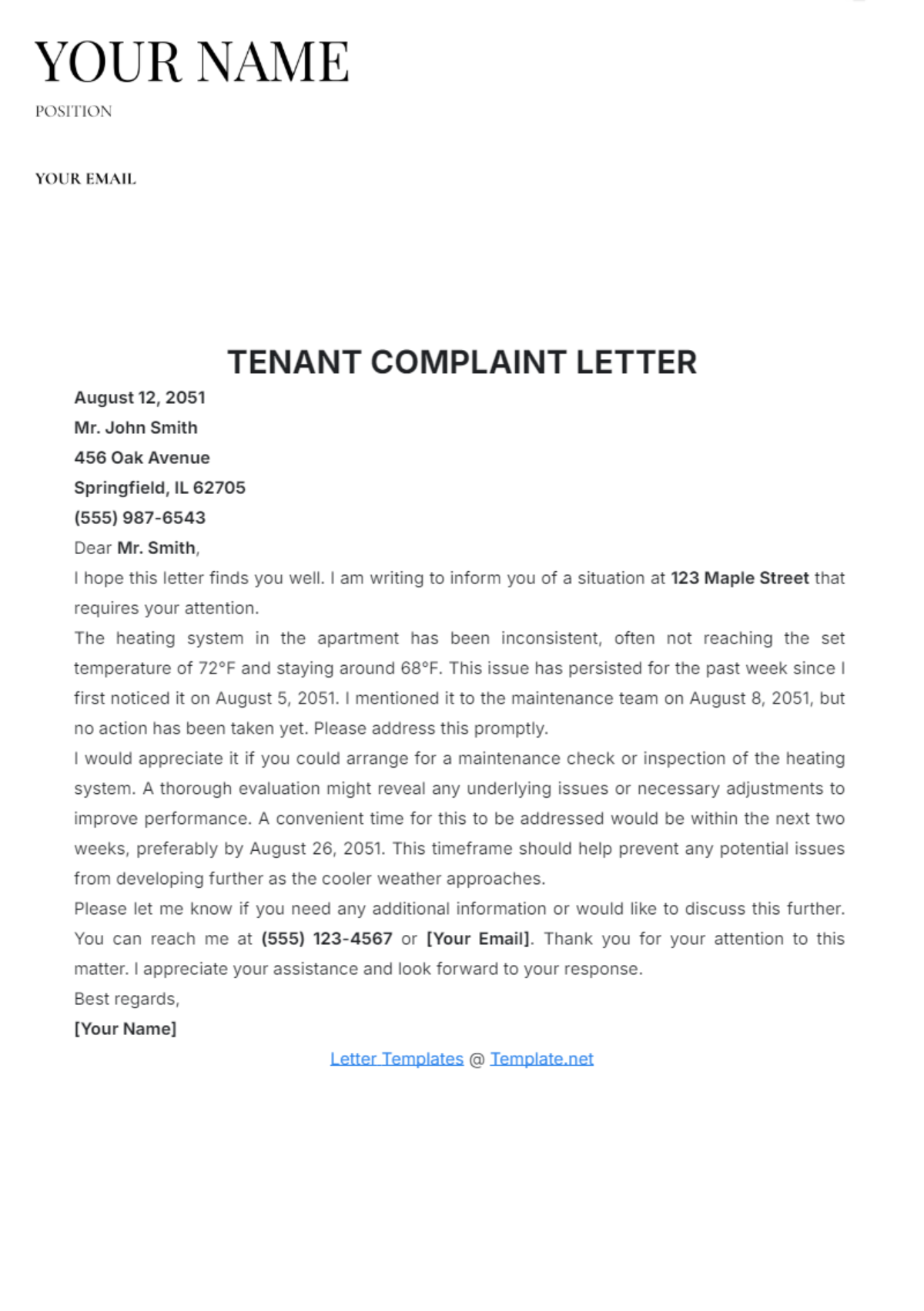 Tenant Complaint Letter Template