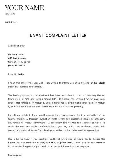 Free Tenant Complaint Letter Template to Edit Online