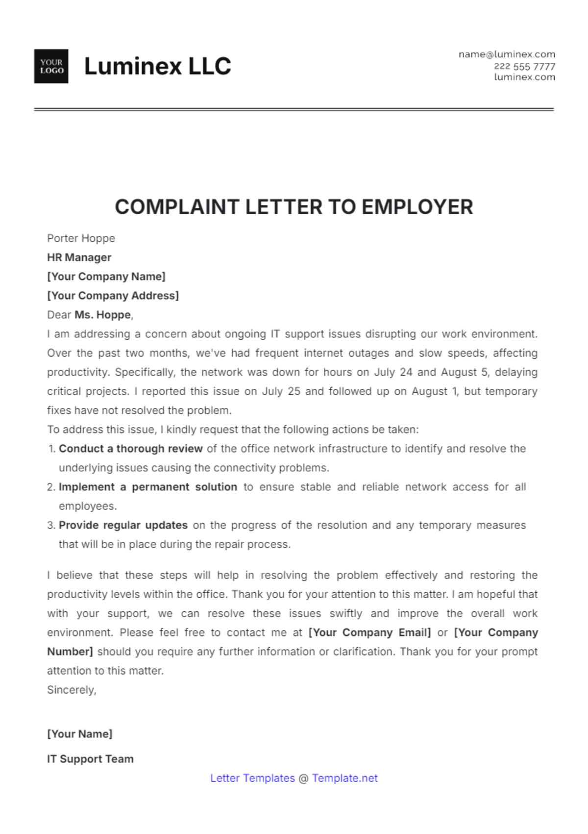 Complaint Letter to Employer Template - Edit Online & Download