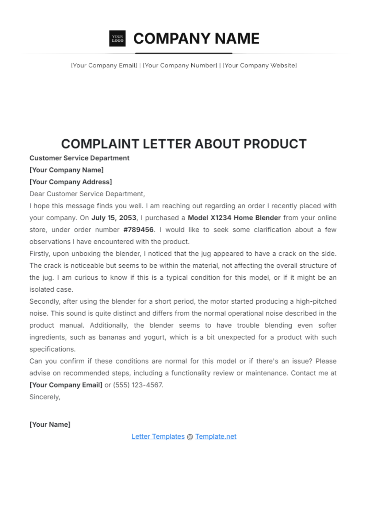 Complaint Letter about Product Template