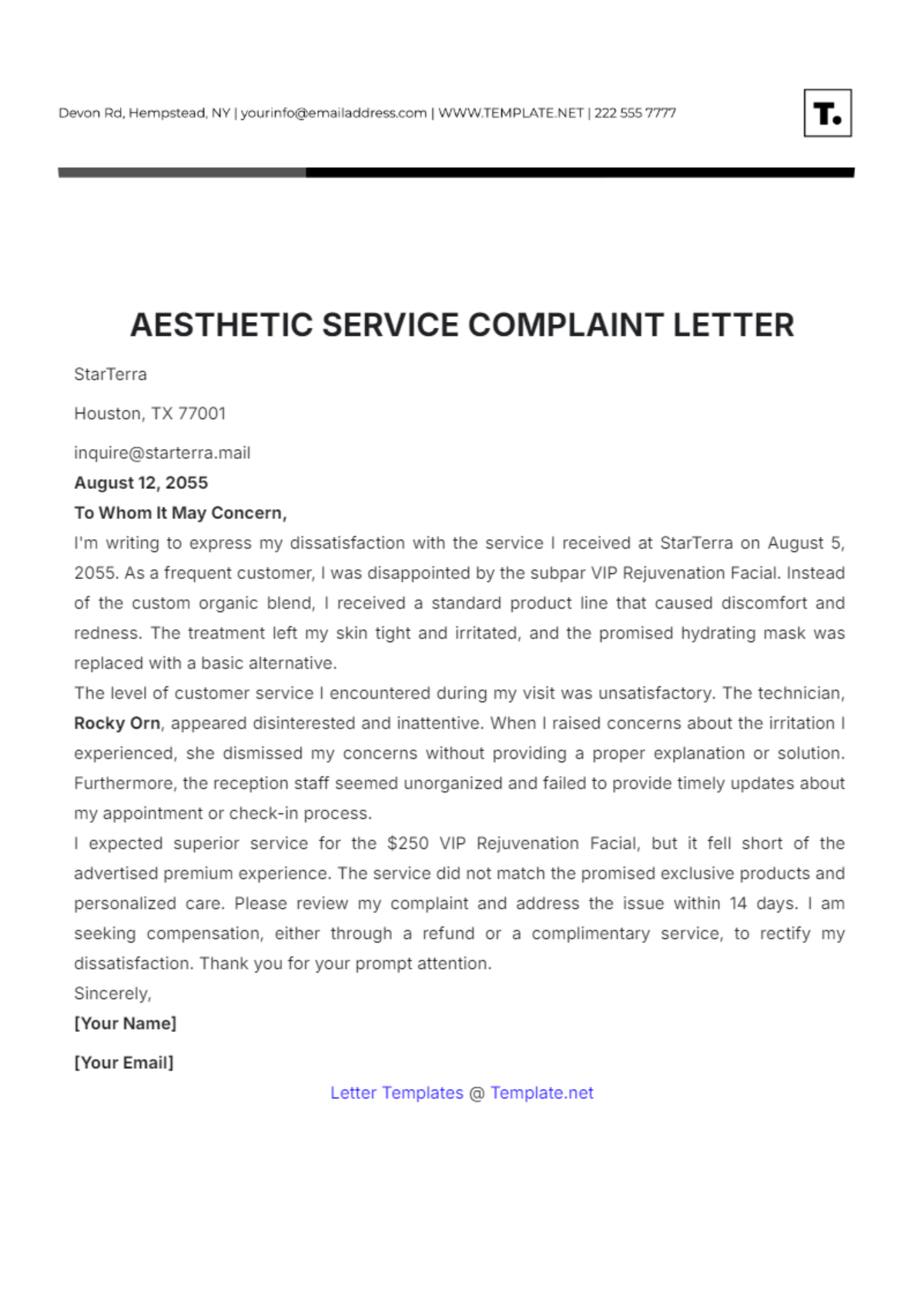 Aesthetic Service Complaint Letter Template - Edit Online & Download