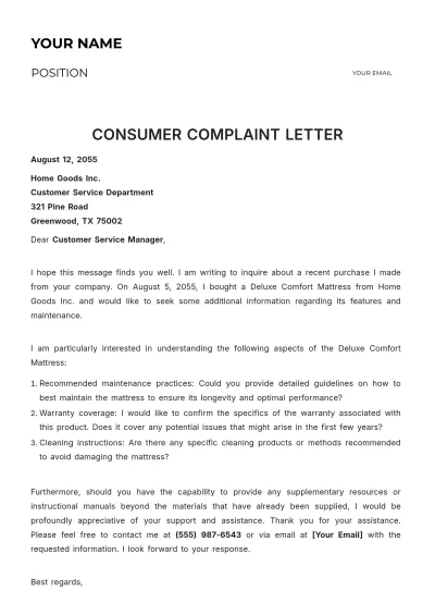 Free Consumer Complaint Letter Template to Edit Online