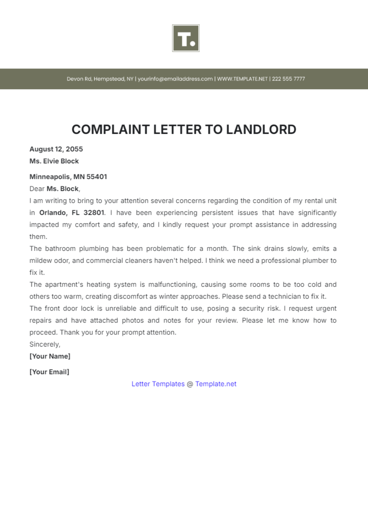 Complaint Letter to Landlord Template - Edit Online & Download