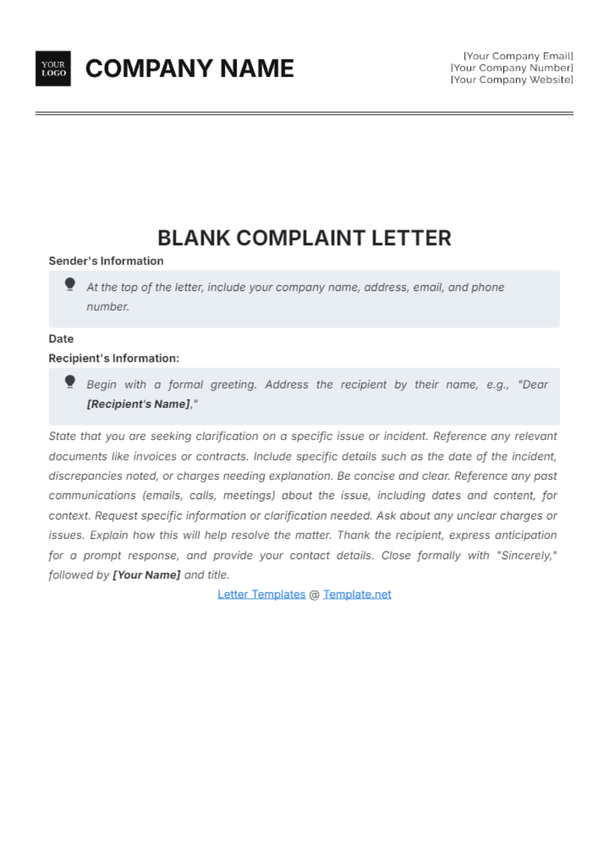 Blank Complaint Letter Template