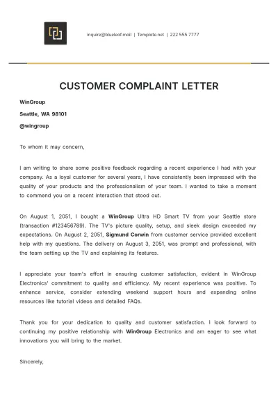 Free Customer Complaint Letter Template to Edit Online