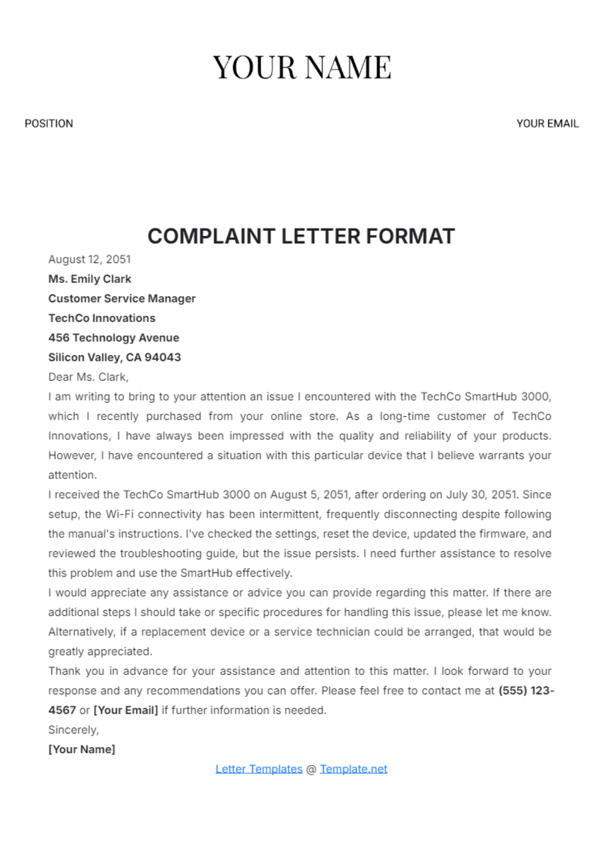 Complaint Letter Format Template