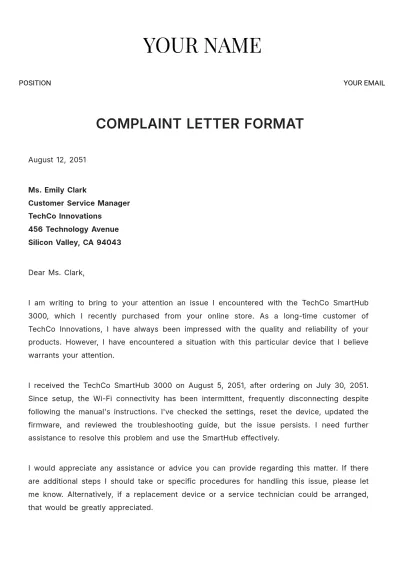 Free Complaint Letter Format Template to Edit Online
