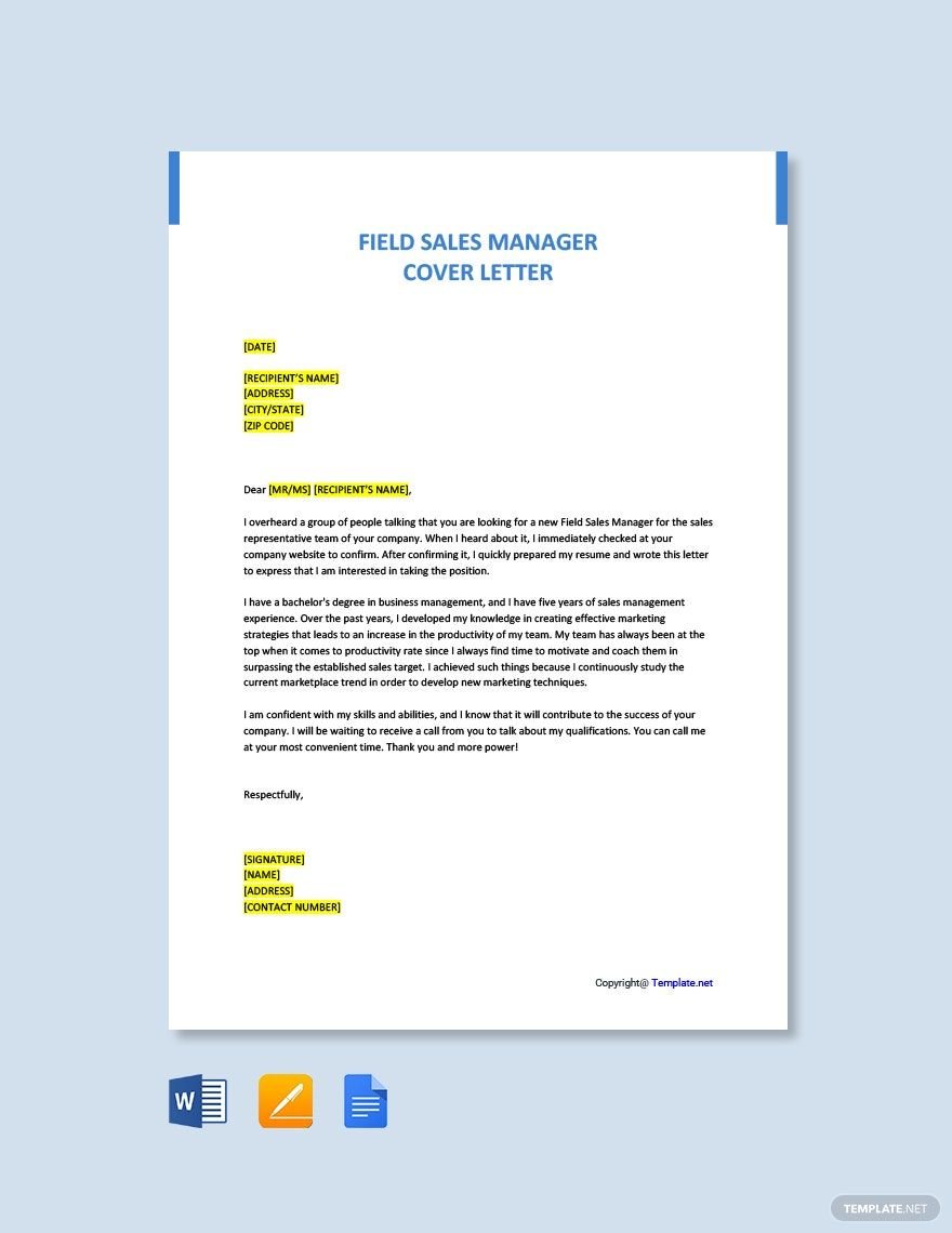 Field Sales Manager Cover Letter Template