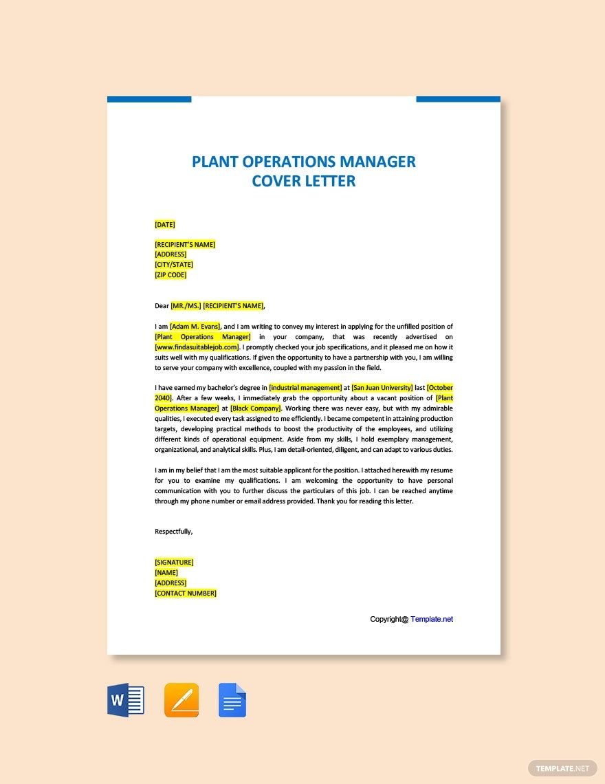 Plant Operations Manager Cover letter