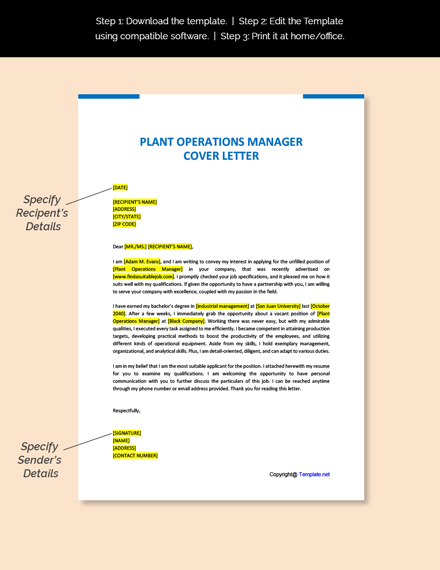 Plant Operations Manager Cover letter Template - Google Docs, Word ...