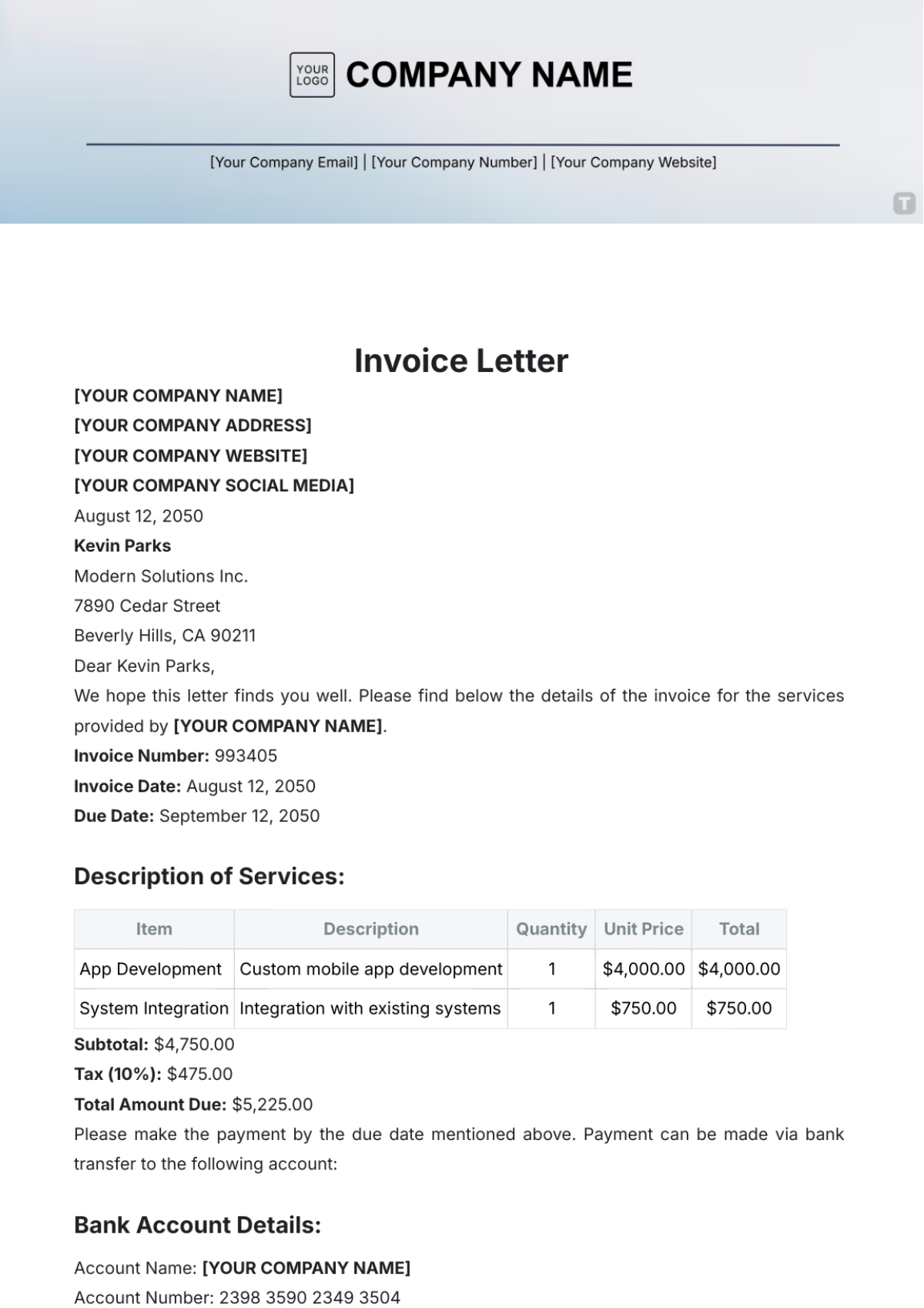 Invoice Letter Template